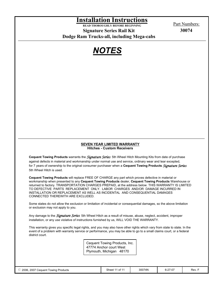 Installation instructions, Part numbers | Reese 30074 RAIL KIT User Manual | Page 11 / 11