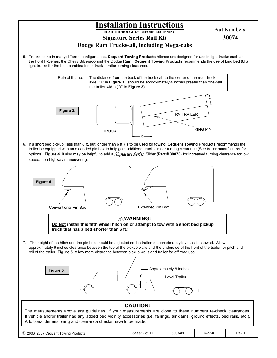 Installation instructions, Part numbers | Reese 30074 RAIL KIT User Manual | Page 2 / 11