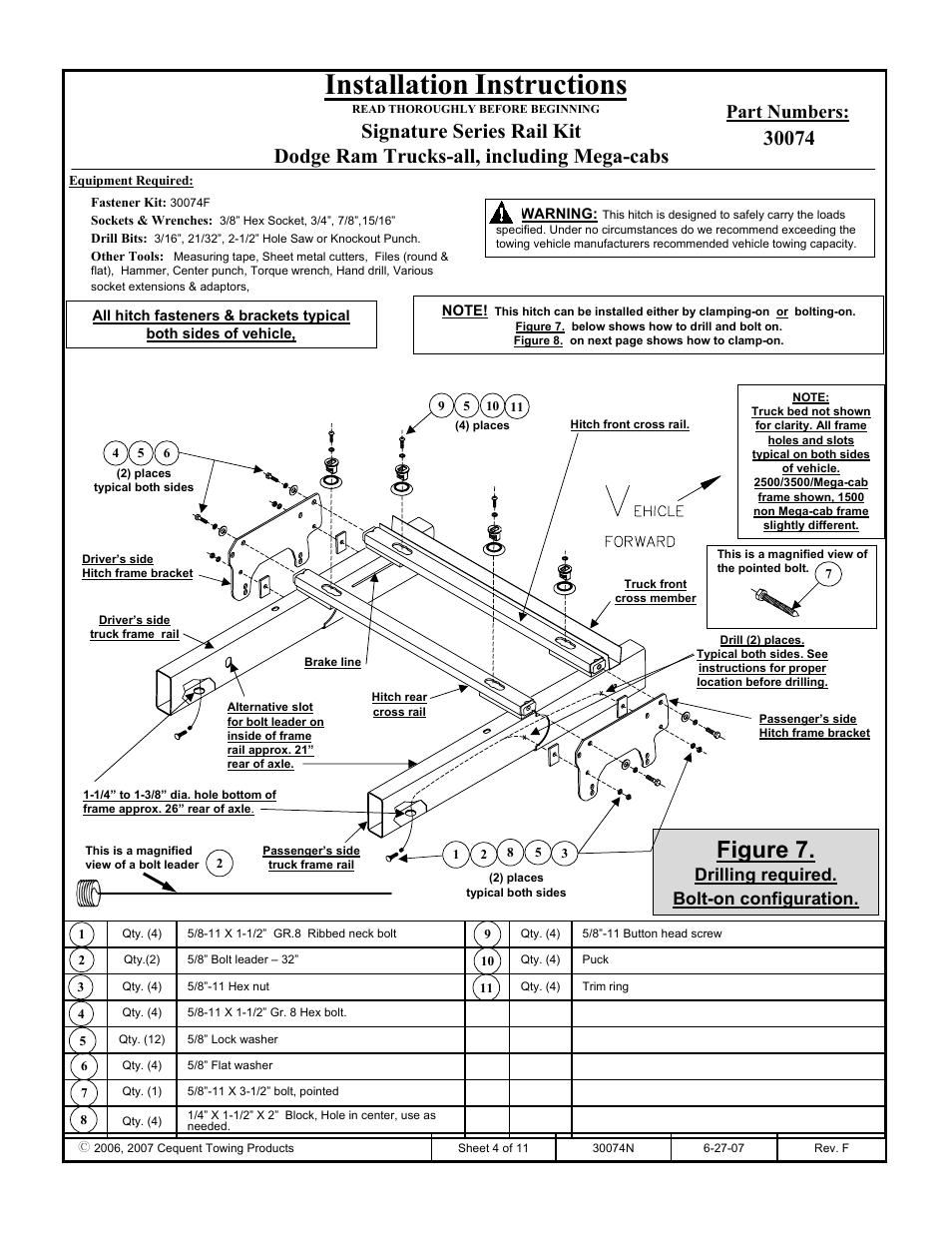 Installation instructions, Figure 7, Part numbers | Drilling required. bolt-on configuration | Reese 30074 RAIL KIT User Manual | Page 4 / 11