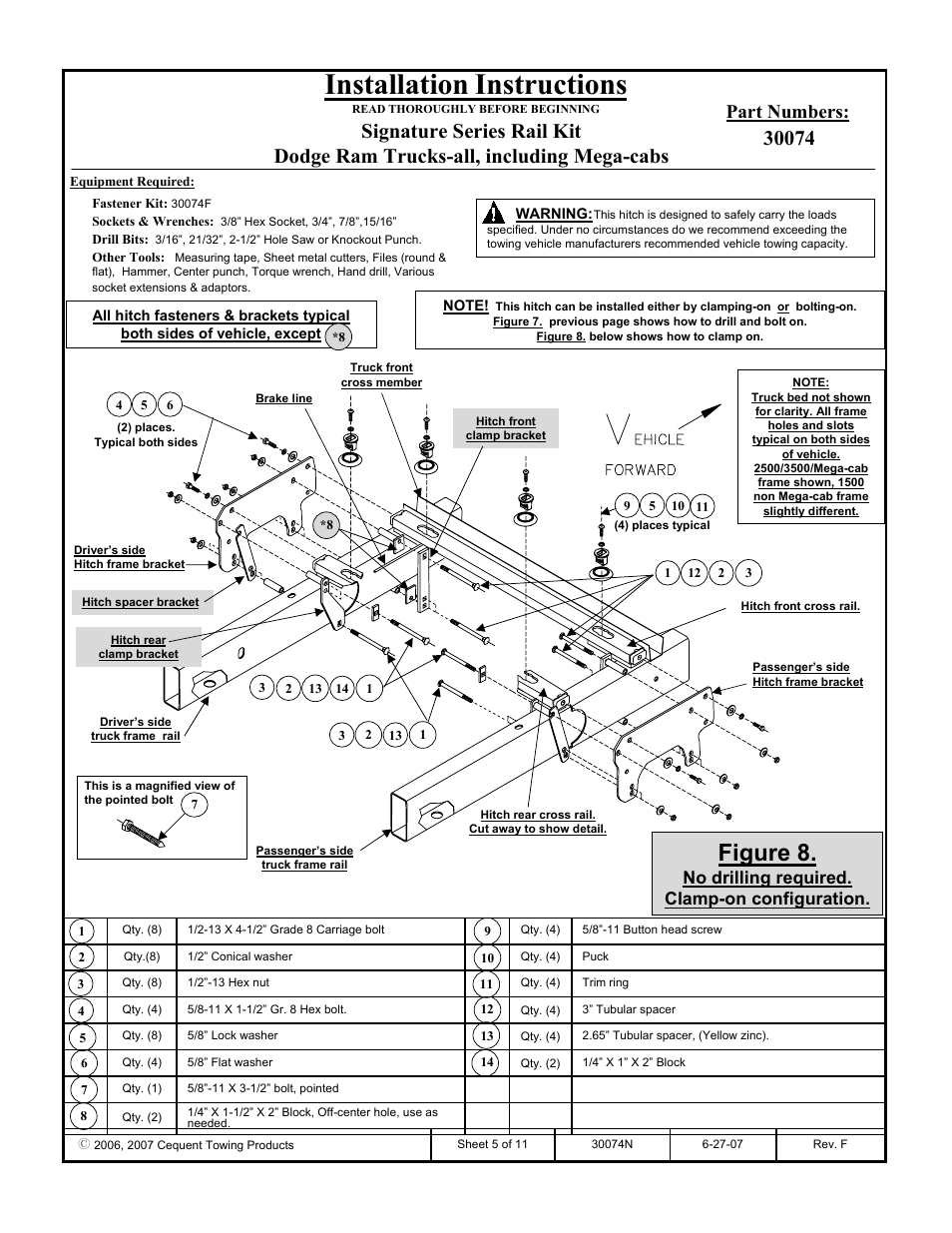 Installation instructions, Figure 8, Part numbers | No drilling required. clamp-on configuration | Reese 30074 RAIL KIT User Manual | Page 5 / 11
