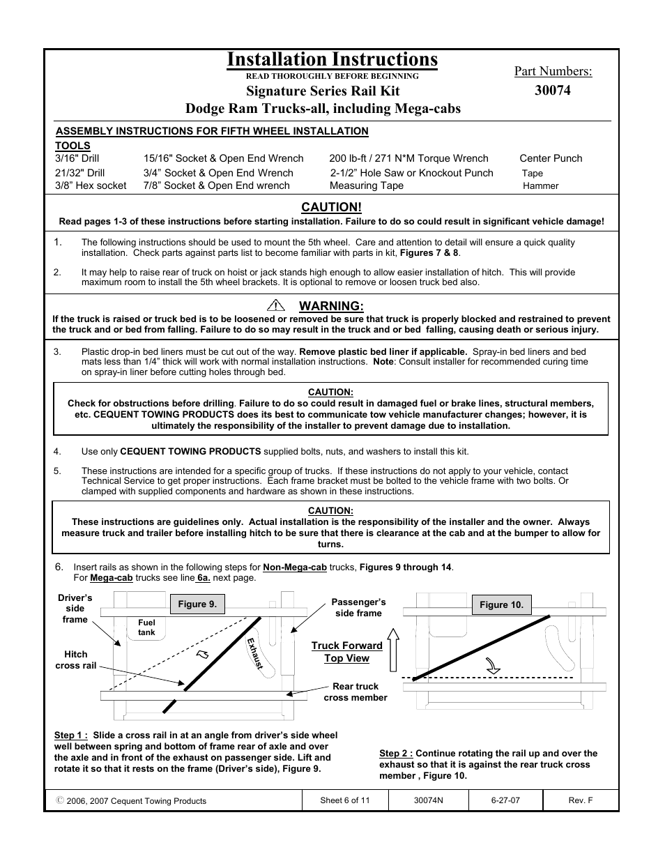 Installation instructions, Part numbers | Reese 30074 RAIL KIT User Manual | Page 6 / 11