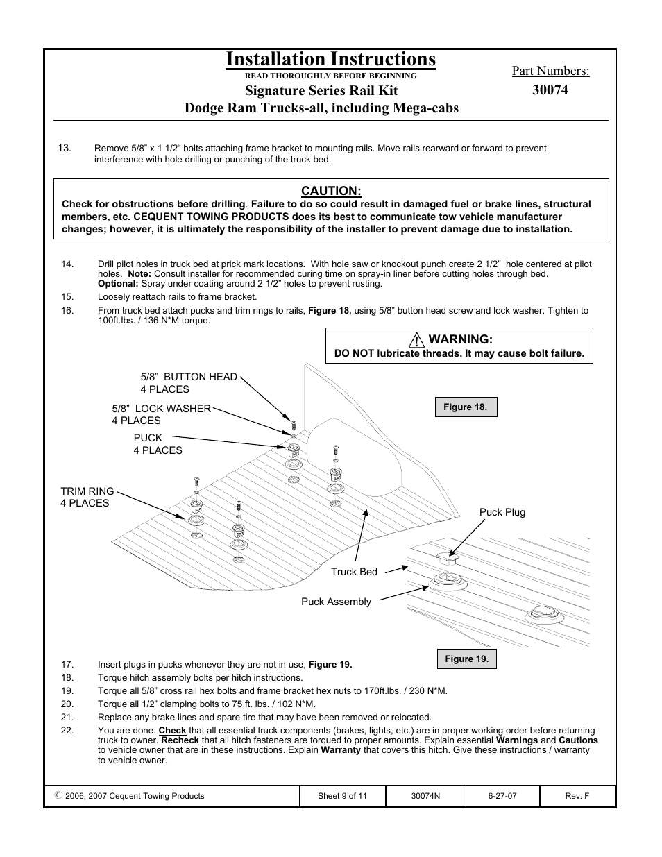 Installation instructions, Part numbers | Reese 30074 RAIL KIT User Manual | Page 9 / 11