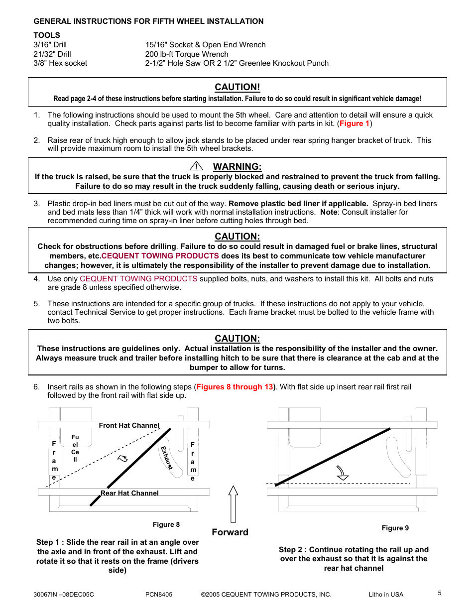 Warning, Caution, Forward | Reese 30067 RAIL KIT User Manual | Page 5 / 9