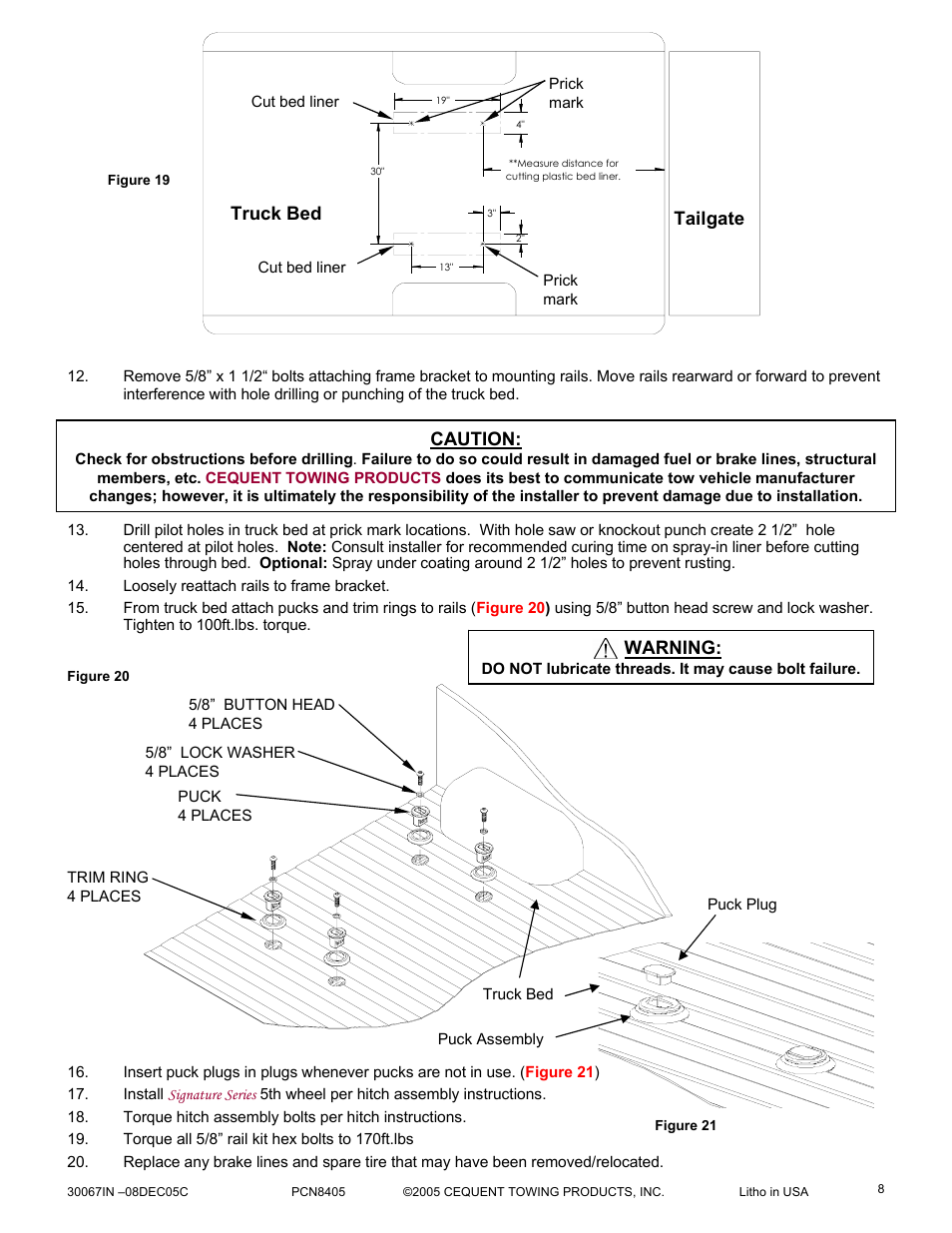 Truck bed tailgate, Caution, Warning | Reese 30067 RAIL KIT User Manual | Page 8 / 9