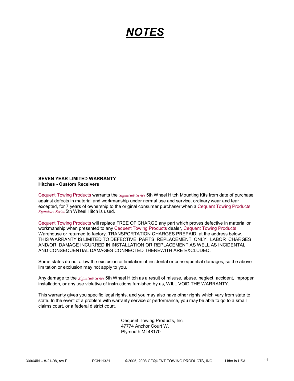 Reese 30064 RAIL KIT User Manual | Page 11 / 11