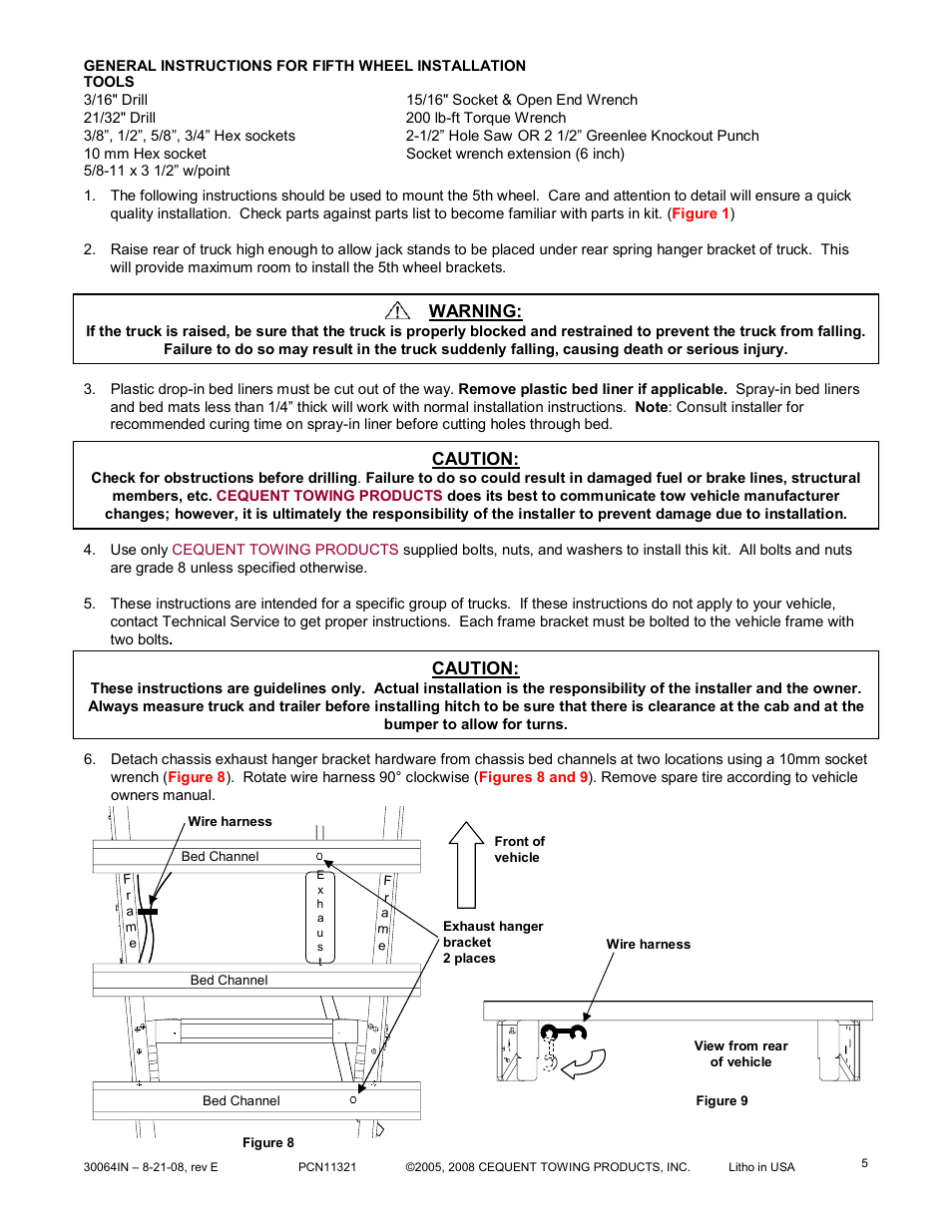 Warning, Caution | Reese 30064 RAIL KIT User Manual | Page 5 / 11