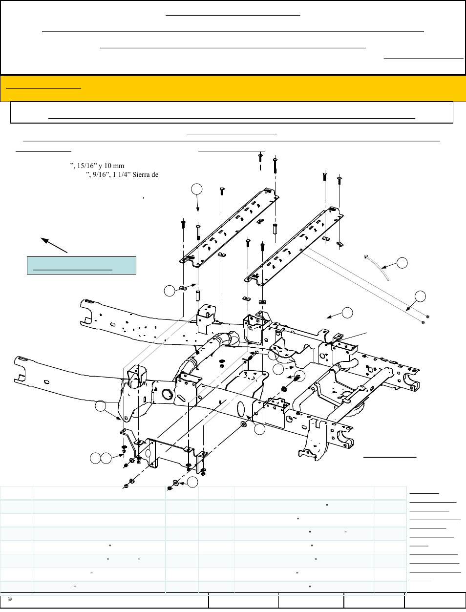 Figura 1, Número de parte, Frente del vehículo | Advertencia, Todos los tornillos igual en ambos lados | Reese 56010 OUTBOARD CUSTOM QUICK INSTALL KIT User Manual | Page 9 / 12