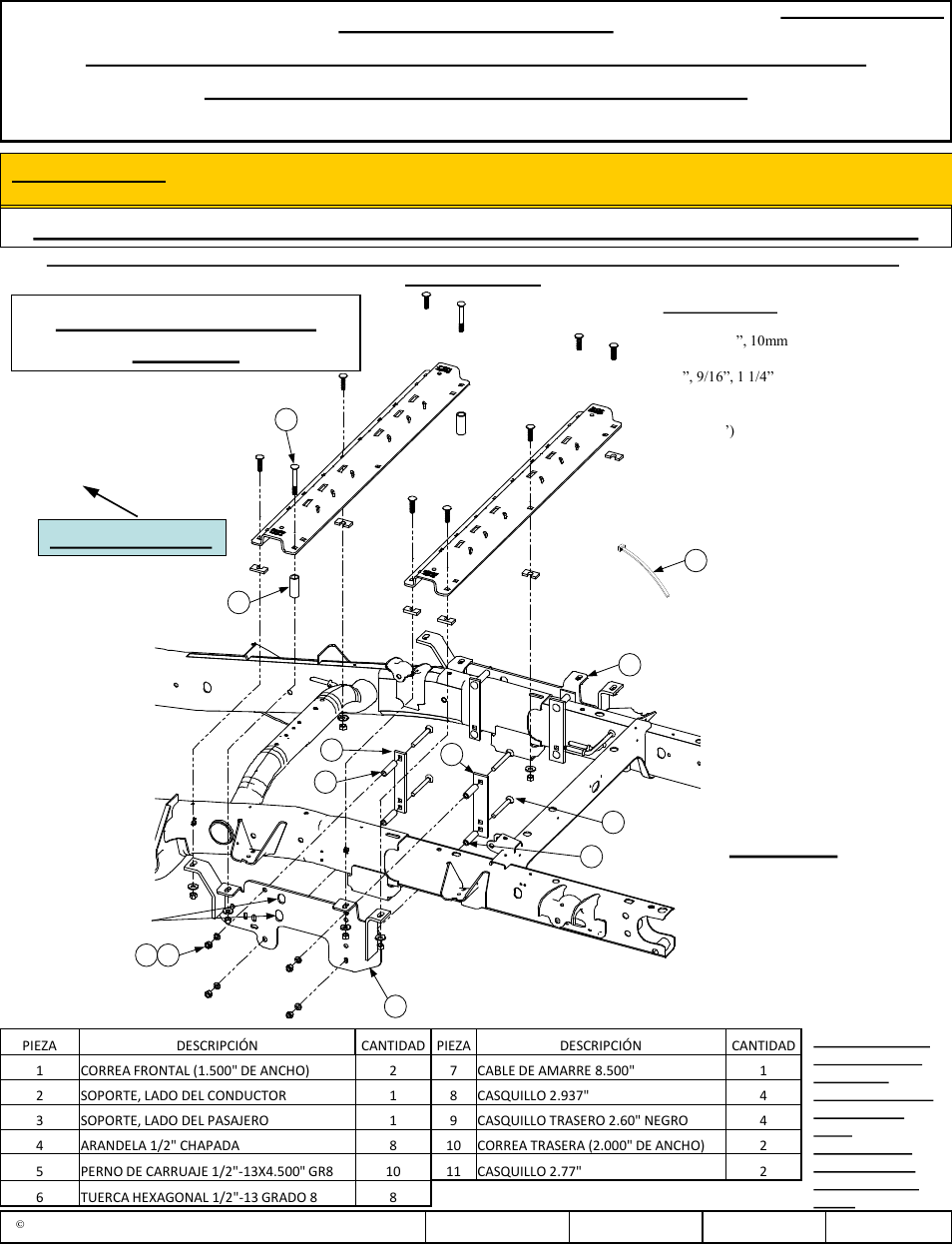 Figura 1, Instalación de 10 pernos, Número de parte | Reese 56011 OUTBOARD CUSTOM QUICK INSTALL KIT User Manual | Page 5 / 12