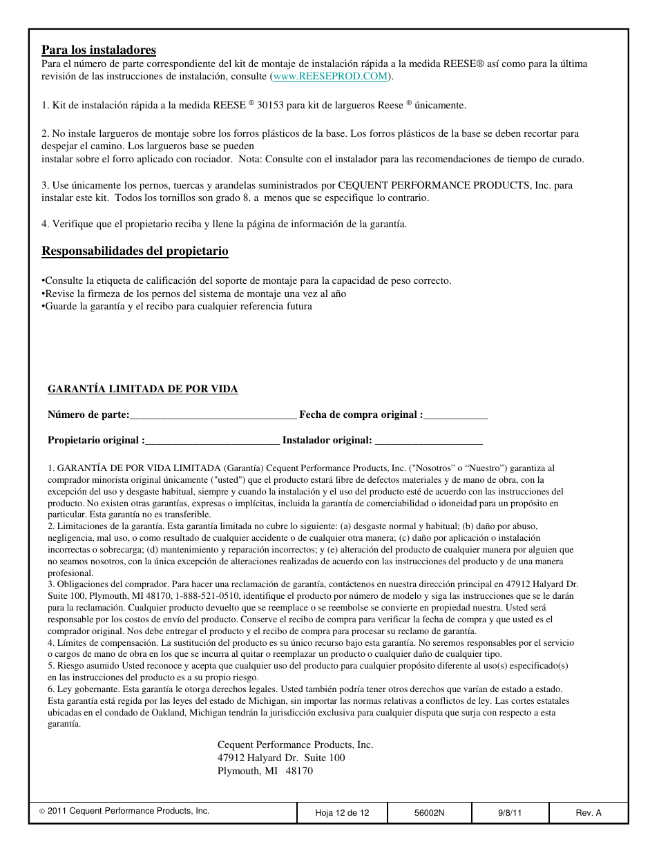 Para los instaladores, Responsabilidades del propietario | Reese 56002 OUTBOARD CUSTOM QUICK INSTALL KIT User Manual | Page 12 / 12