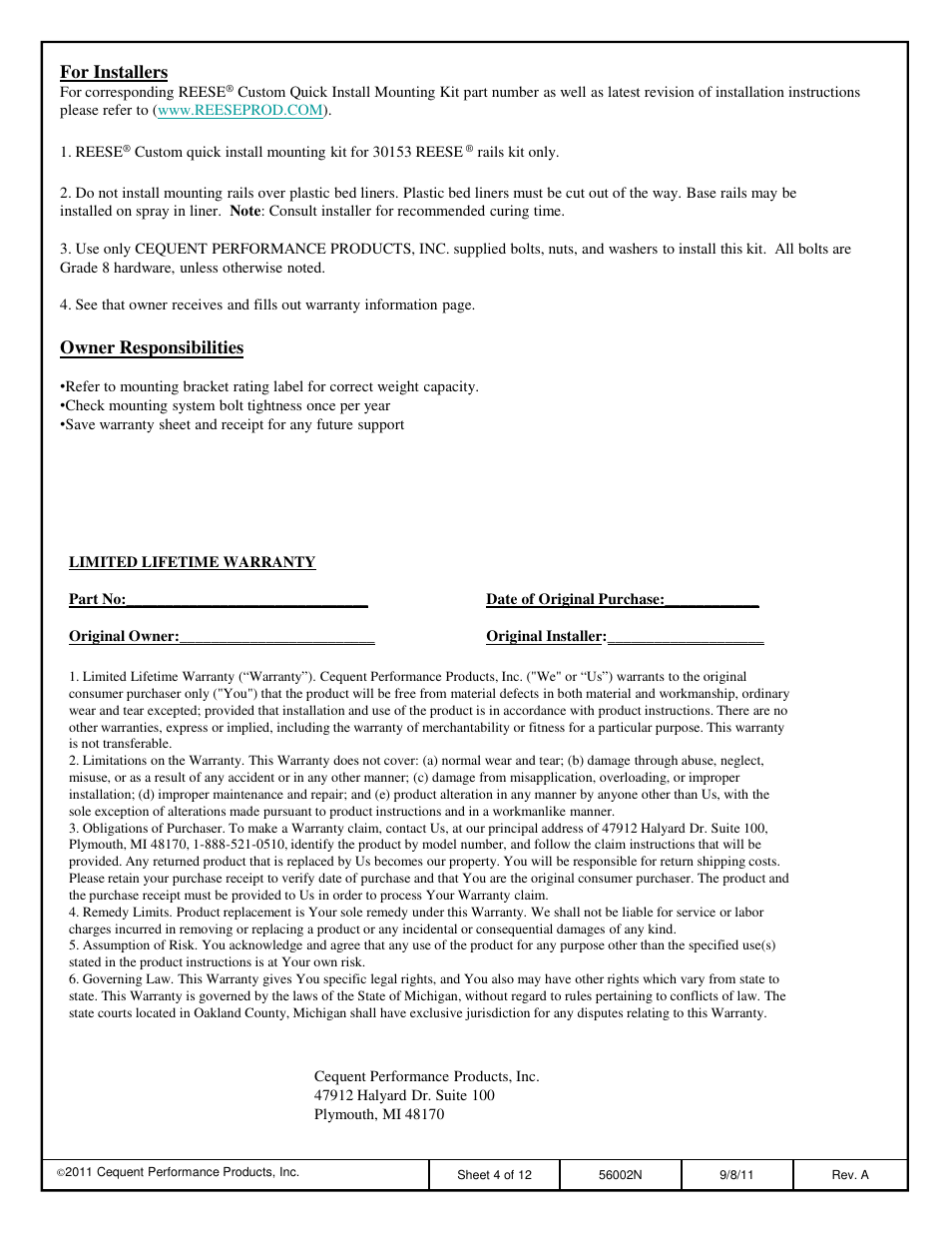 For installers, Owner responsibilities | Reese 56002 OUTBOARD CUSTOM QUICK INSTALL KIT User Manual | Page 4 / 12