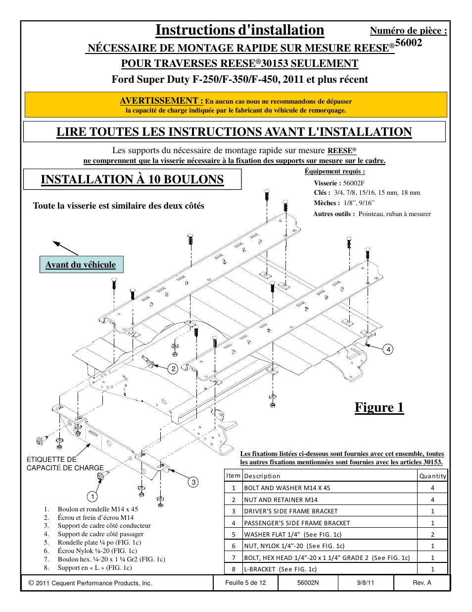 Instructions d'installation, Figure 1, Lire toutes les instructions avant l'installation | Installation à 10 boulons, Nécessaire de montage rapide sur mesure reese, Pour traverses reese, Numéro de pièce | Reese 56002 OUTBOARD CUSTOM QUICK INSTALL KIT User Manual | Page 5 / 12