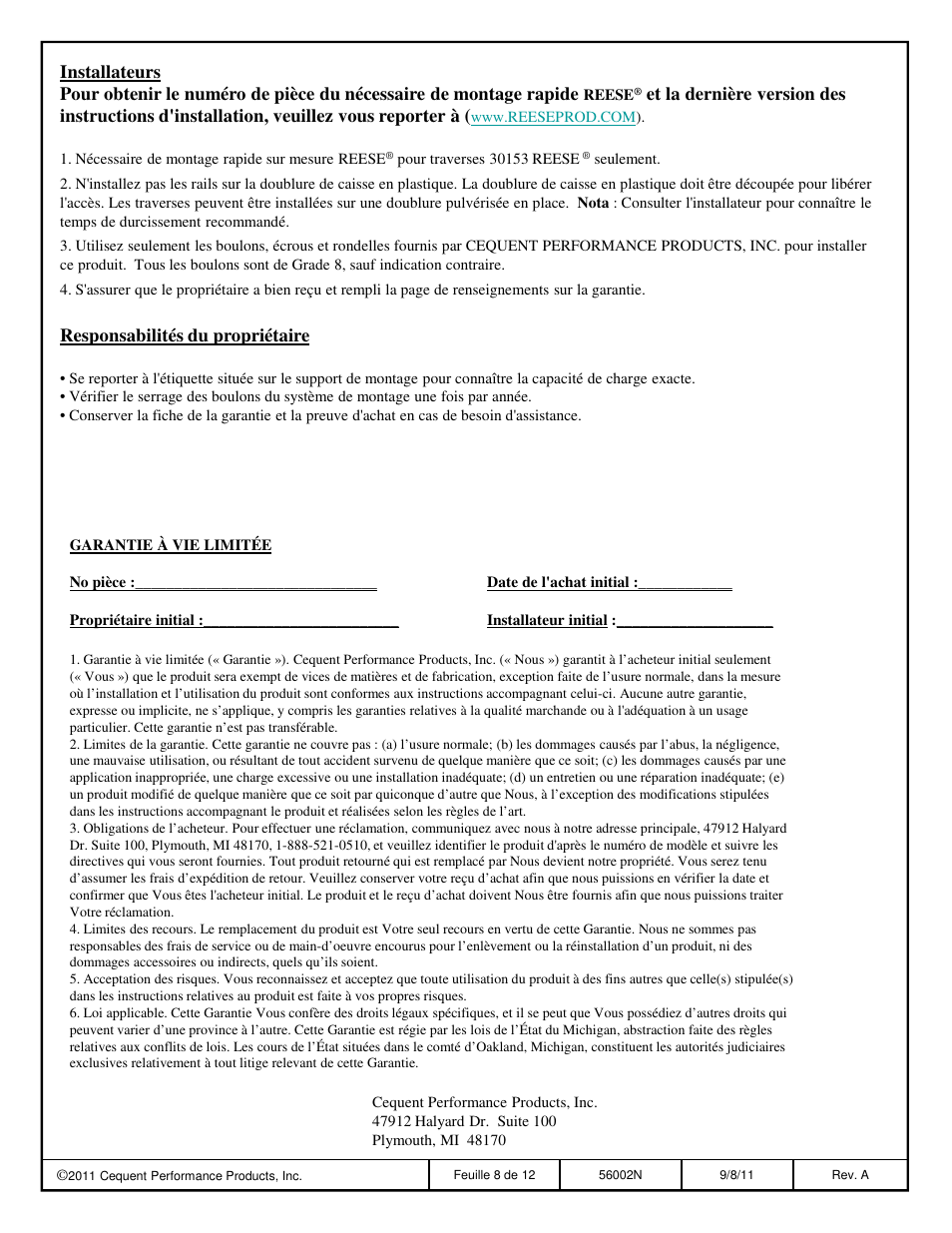 Responsabilités du propriétaire | Reese 56002 OUTBOARD CUSTOM QUICK INSTALL KIT User Manual | Page 8 / 12