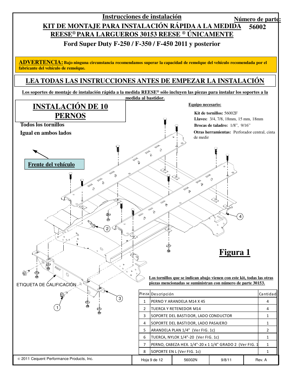 Figura 1, Instalación de 10 pernos, Número de parte | Reese 56002 OUTBOARD CUSTOM QUICK INSTALL KIT User Manual | Page 9 / 12
