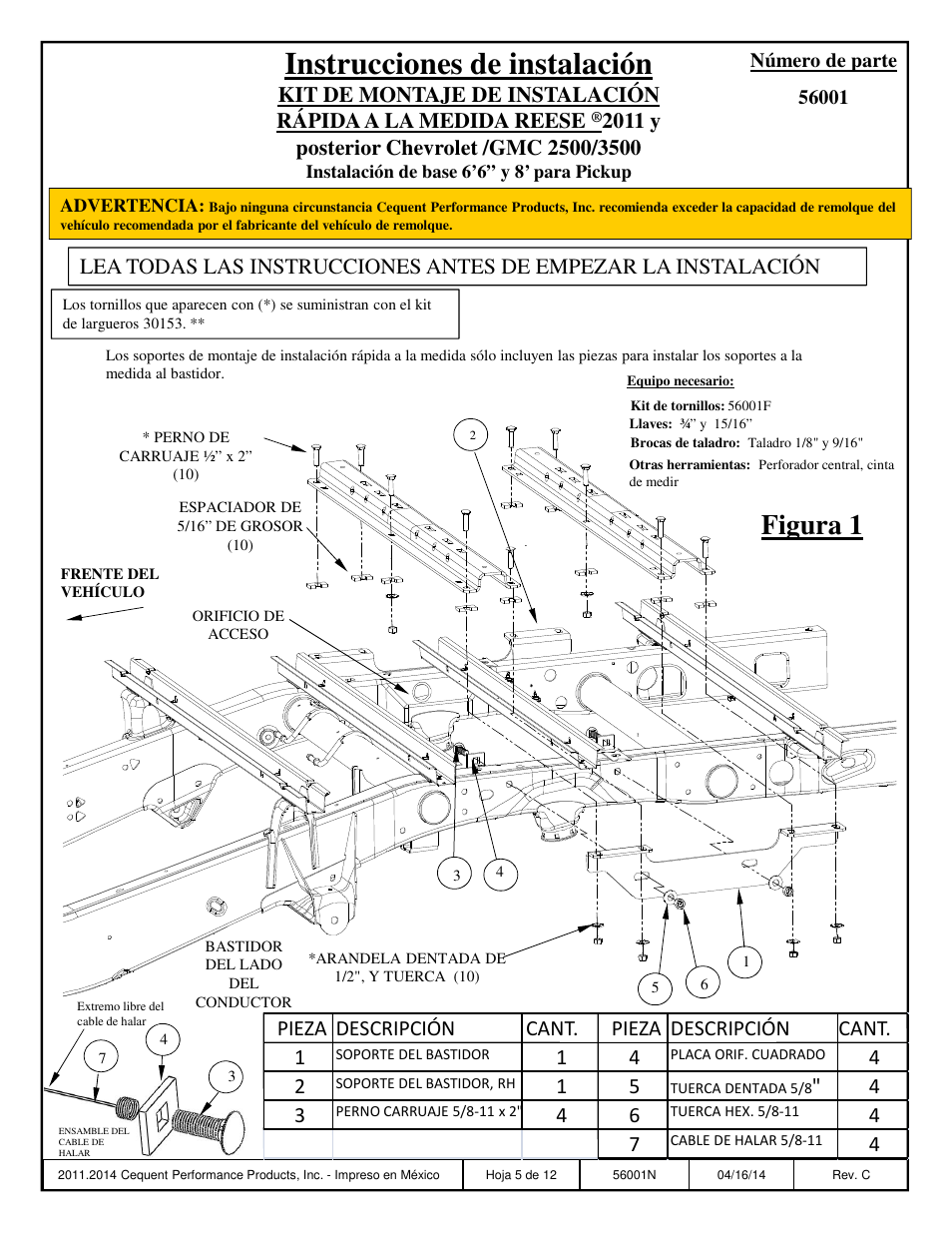 Instrucciones de instalación, Figura 1, Pieza descripción cant. pieza descripción cant. 1 | Reese 56001 OUTBOARD CUSTOM QUICK INSTALL KIT User Manual | Page 5 / 12
