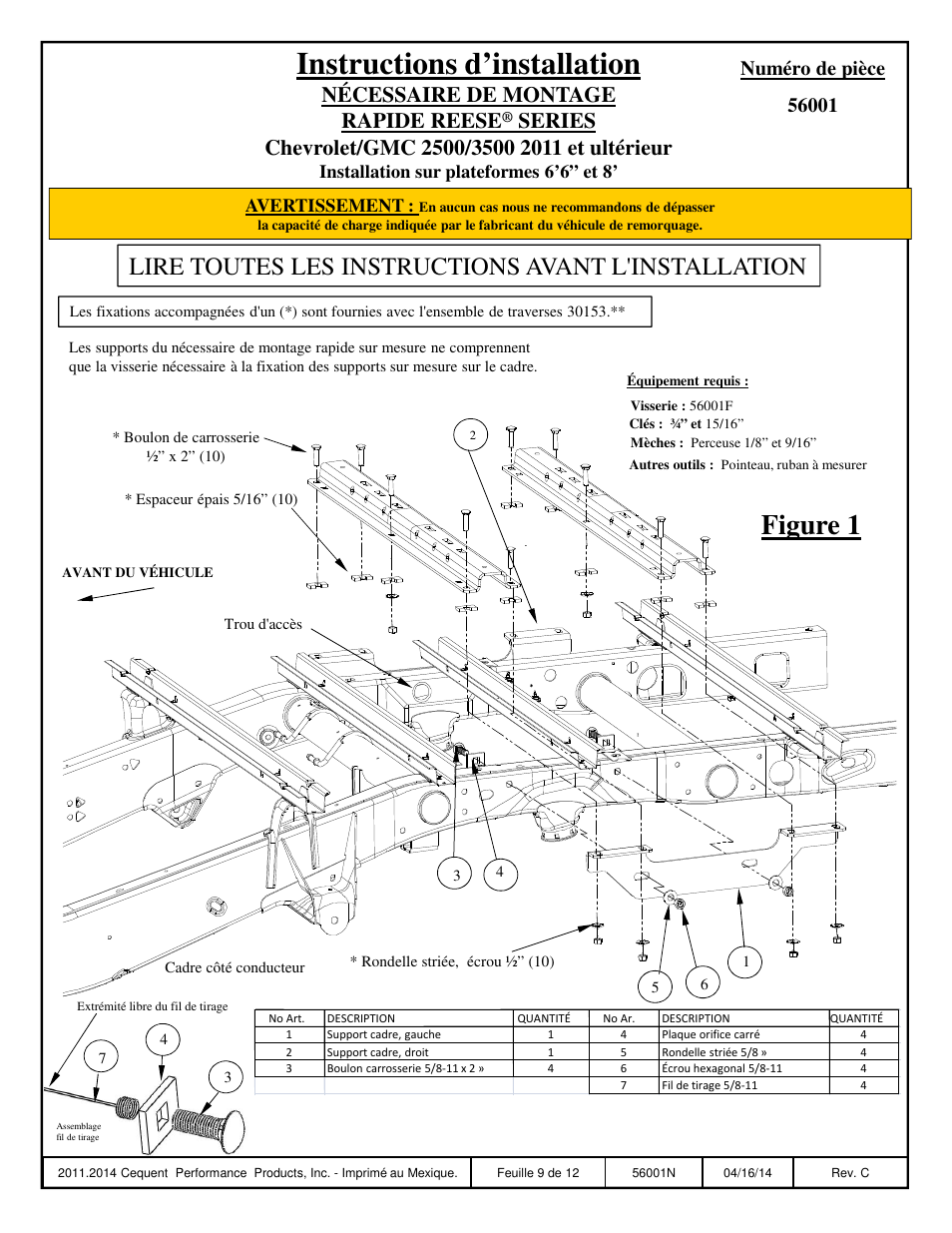 Instructions d’installation, Figure 1, Lire toutes les instructions avant l'installation | Nécessaire de montage rapide reese, Avertissement, Installation sur plateformes 6’6” et 8 | Reese 56001 OUTBOARD CUSTOM QUICK INSTALL KIT User Manual | Page 9 / 12