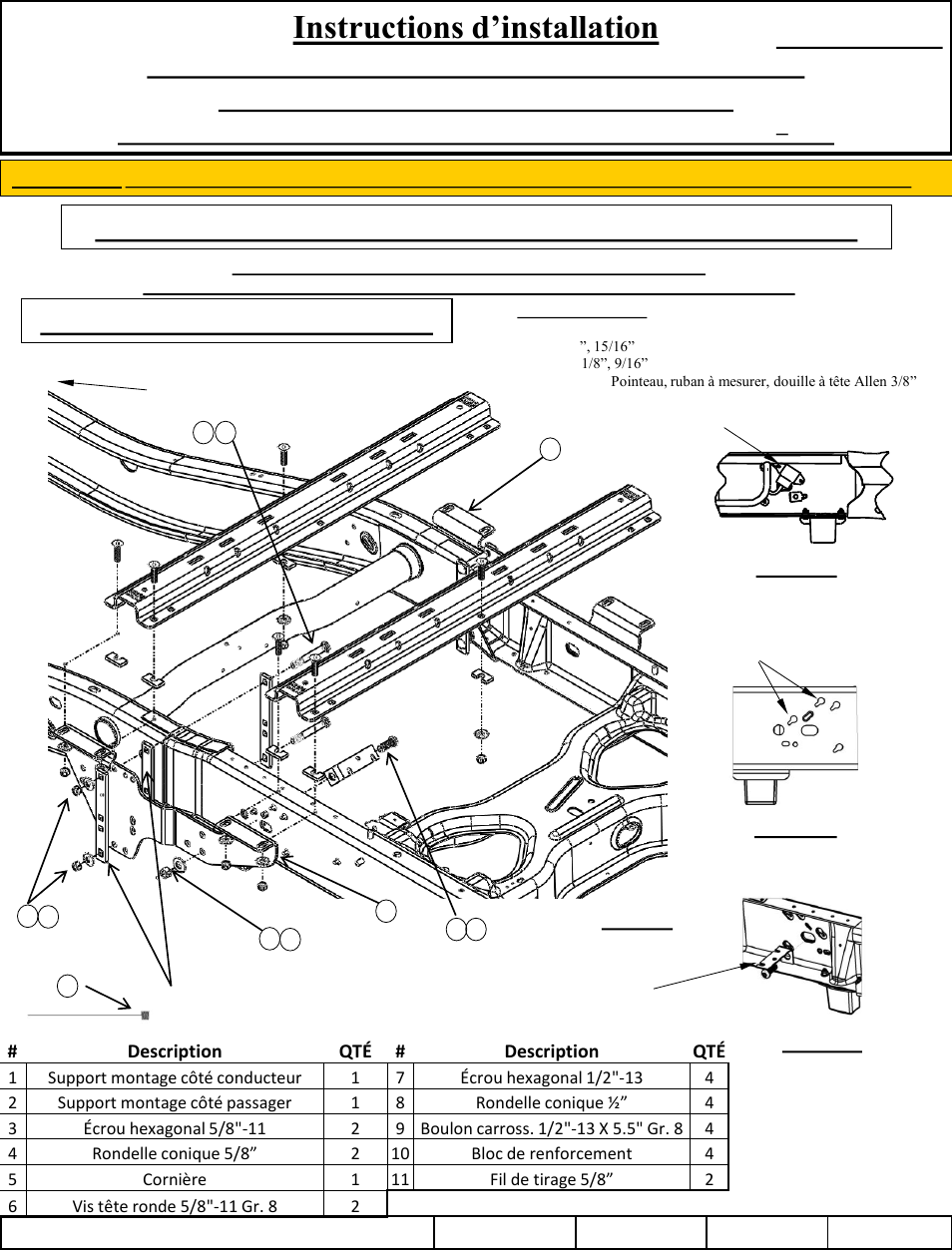 Instructions d’installation, Lire toutes les instructions avant l'installation, Installation à 10 boulons | Nécessaire de montage rapide sur mesure reese, Numéro de pièce | Reese 56007 OUTBOARD CUSTOM QUICK INSTALL KIT User Manual | Page 8 / 21