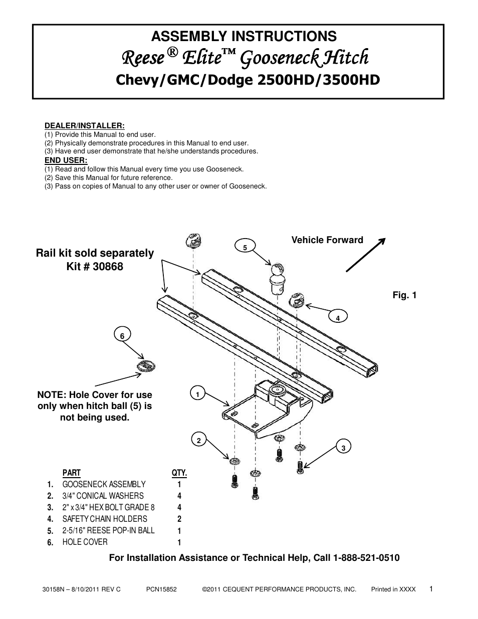 Reese 30158 ELITE UNDER-BED GOOSENECK HEAD User Manual | 21 pages