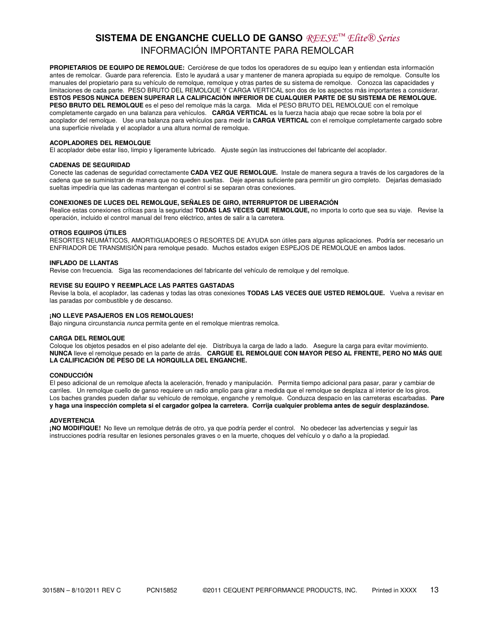 Reese, Elite® series, Sistema de enganche cuello de ganso | Información importante para remolcar | Reese 30158 ELITE UNDER-BED GOOSENECK HEAD User Manual | Page 13 / 21