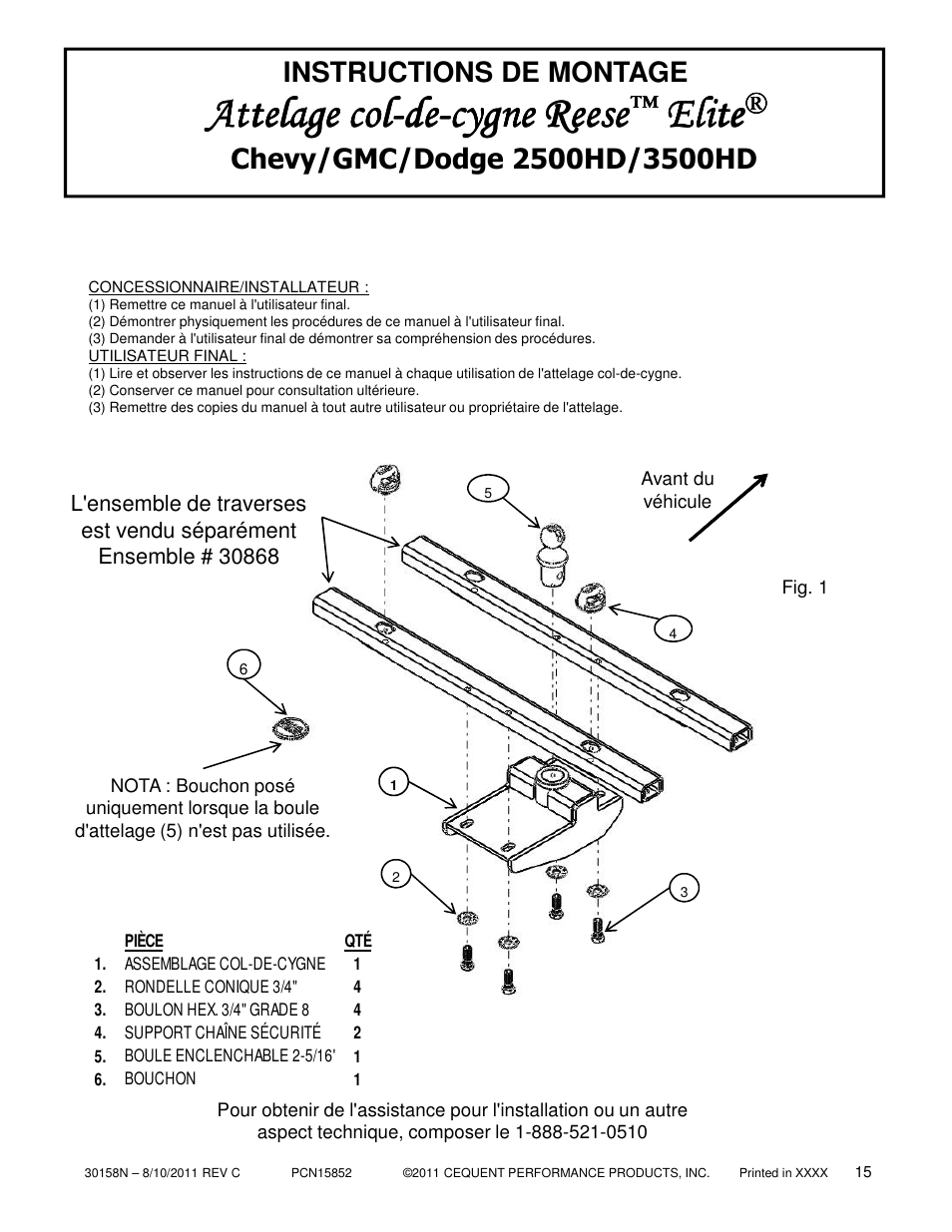 Attelage, Elite | Reese 30158 ELITE UNDER-BED GOOSENECK HEAD User Manual | Page 15 / 21