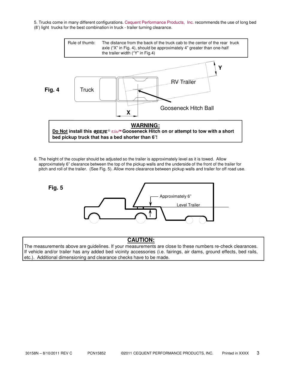 Fig. 4, Warning, Fig. 5 caution | Xy gooseneck hitch ball rv trailer truck | Reese 30158 ELITE UNDER-BED GOOSENECK HEAD User Manual | Page 3 / 21