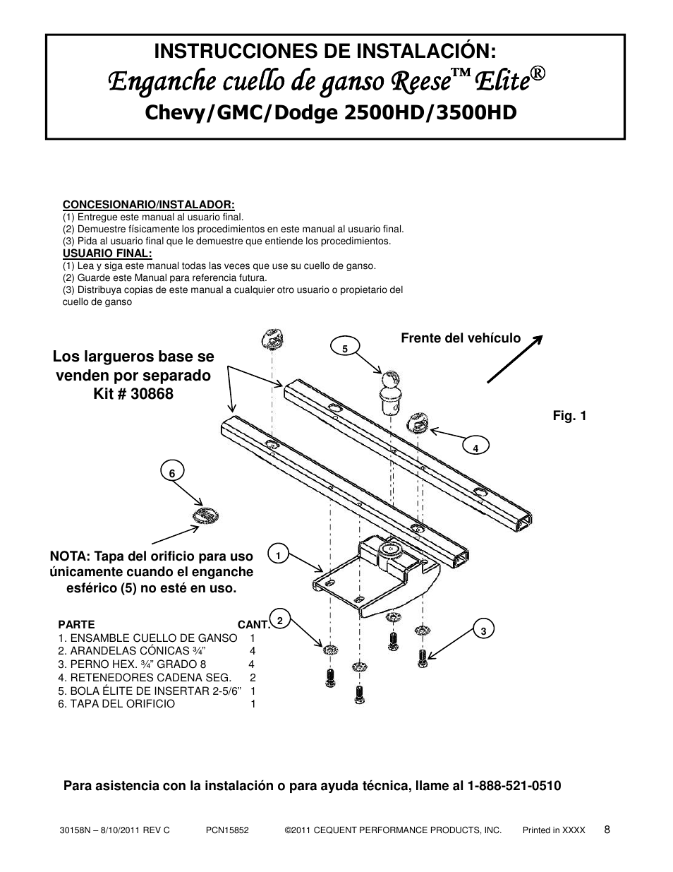 Enganche cuello de ganso reese, Elite, Instrucciones de instalación | Reese 30158 ELITE UNDER-BED GOOSENECK HEAD User Manual | Page 8 / 21