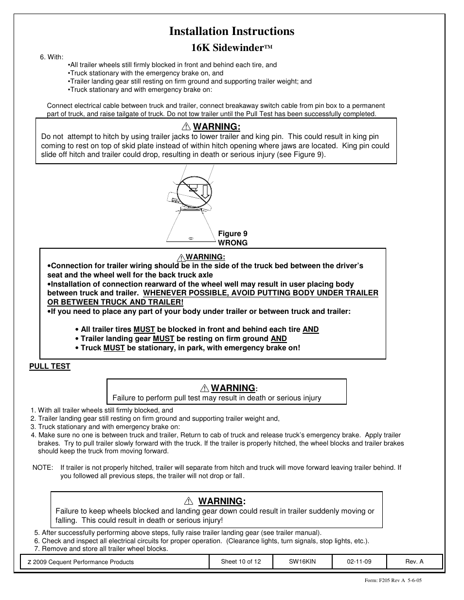Installation instructions, 16k sidewinder | Reese SW16K SIDEWINDER User Manual | Page 10 / 12