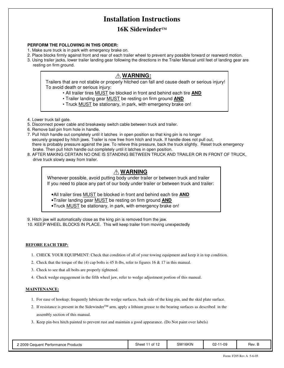 Installation instructions, 16k sidewinder, Warning | Reese SW16K SIDEWINDER User Manual | Page 11 / 12