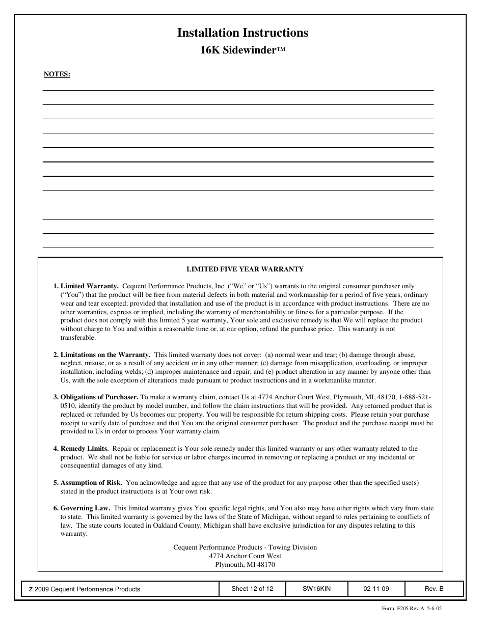 Installation instructions, 16k sidewinder | Reese SW16K SIDEWINDER User Manual | Page 12 / 12
