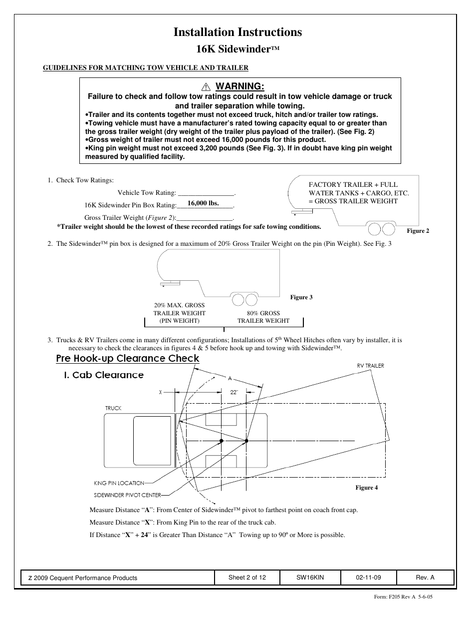 Installation instructions, 16k sidewinder, Warning | Reese SW16K SIDEWINDER User Manual | Page 2 / 12