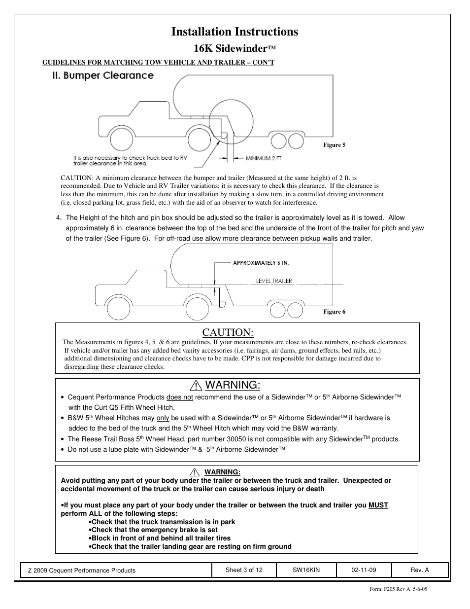 Installation instructions, 16k sidewinder, Caution: warning | Reese SW16K SIDEWINDER User Manual | Page 3 / 12