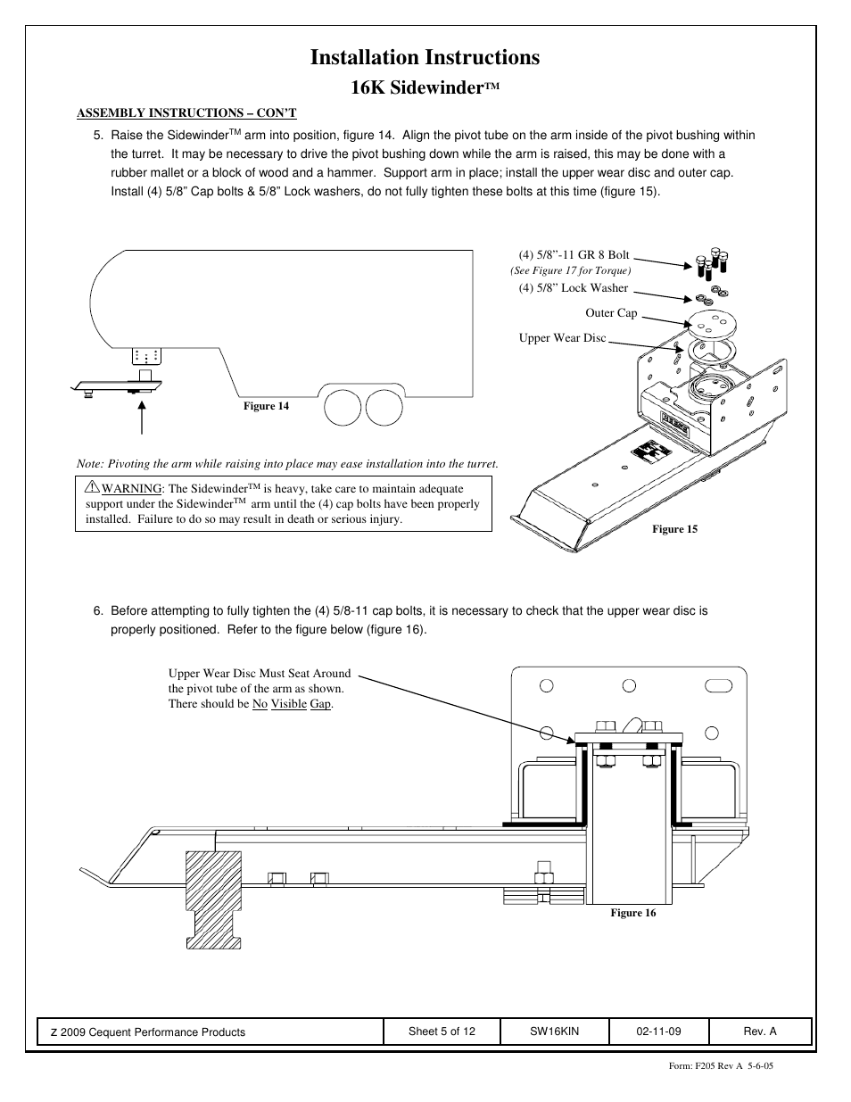 Installation instructions, 16k sidewinder | Reese SW16K SIDEWINDER User Manual | Page 5 / 12