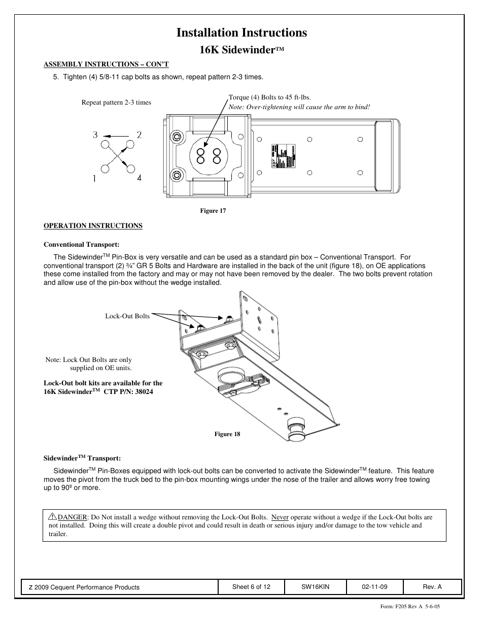 Installation instructions, 16k sidewinder | Reese SW16K SIDEWINDER User Manual | Page 6 / 12