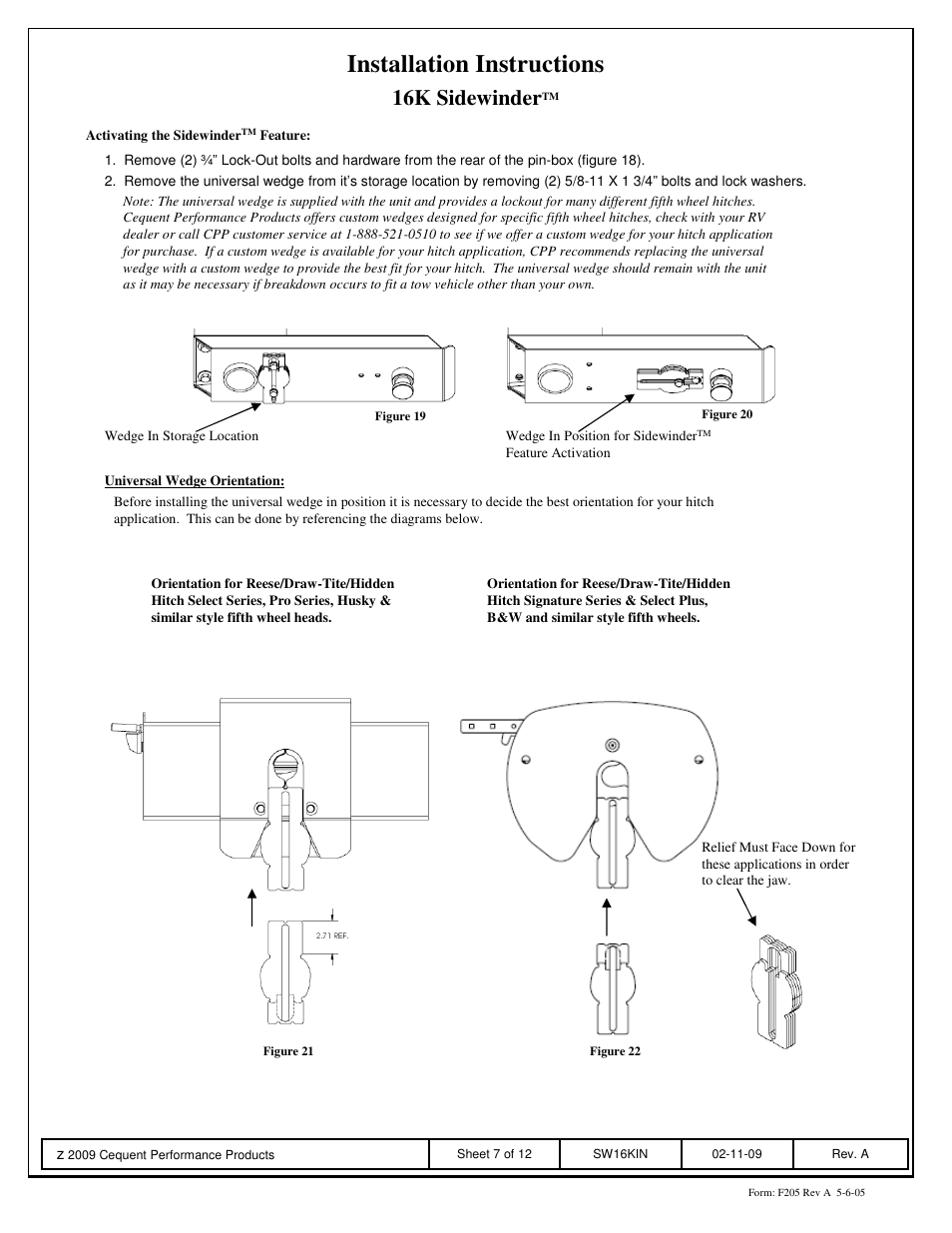 Installation instructions, 16k sidewinder | Reese SW16K SIDEWINDER User Manual | Page 7 / 12