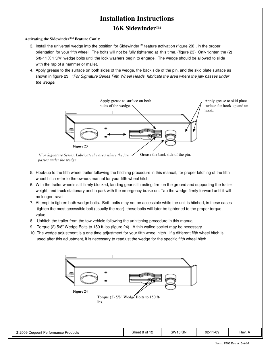 Installation instructions, 16k sidewinder | Reese SW16K SIDEWINDER User Manual | Page 8 / 12