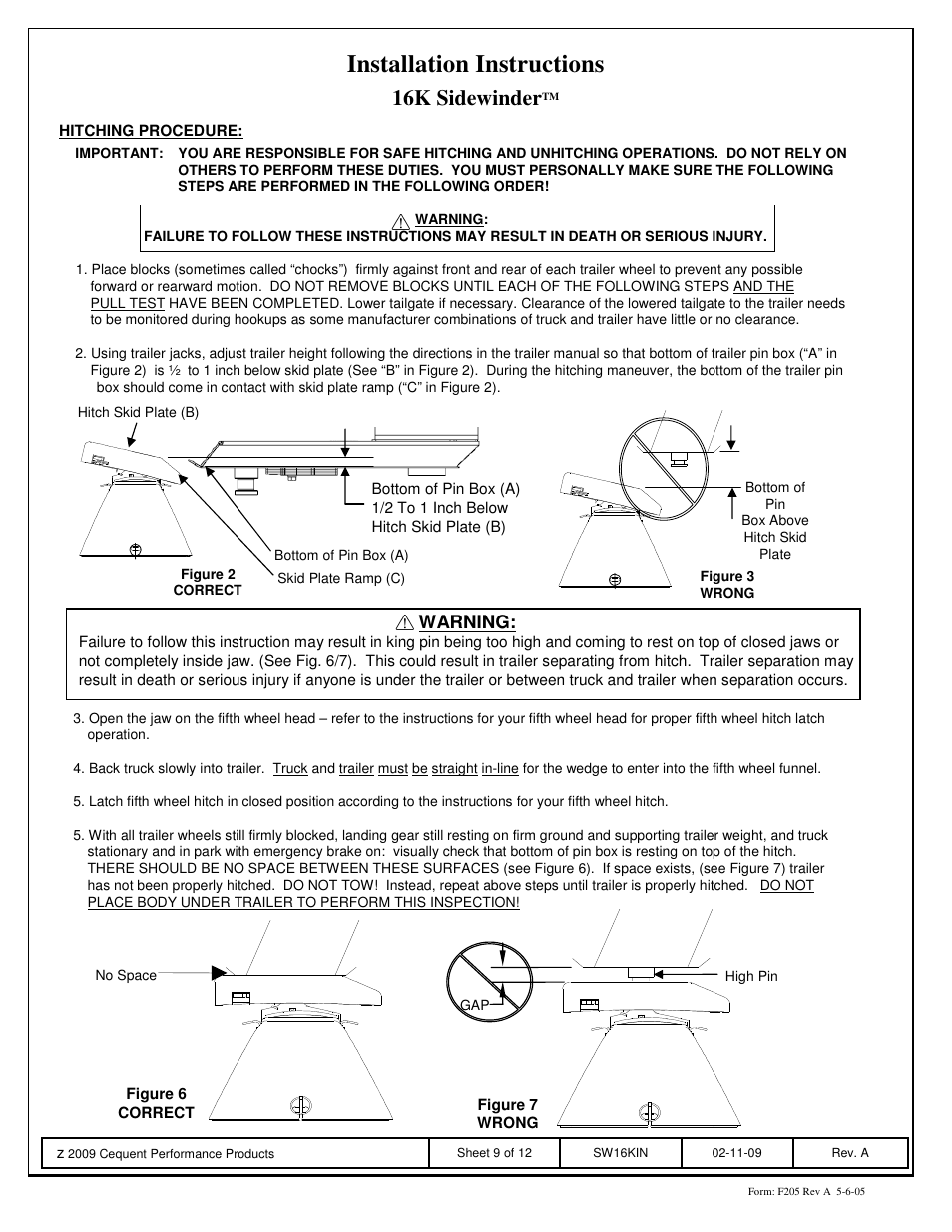 Installation instructions, 16k sidewinder, Warning | Reese SW16K SIDEWINDER User Manual | Page 9 / 12