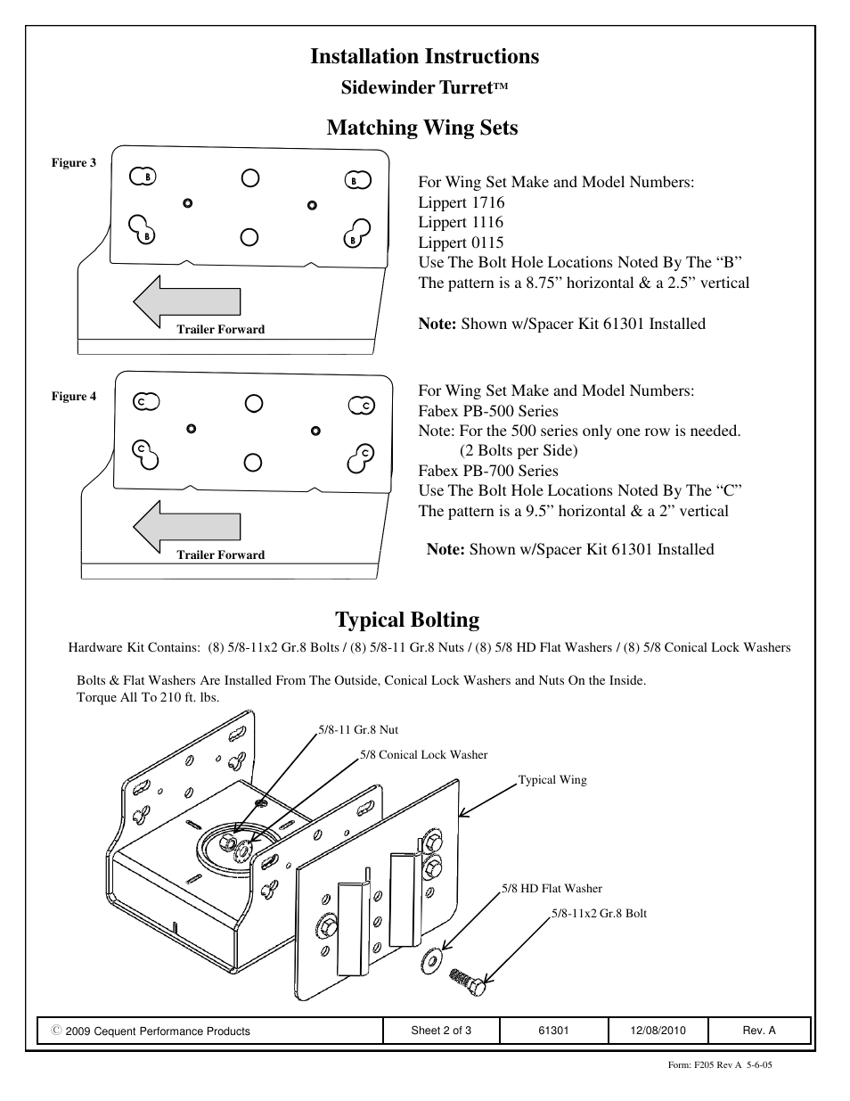 Installation instructions, Matching wing sets, Typical bolting | Sidewinder turret | Reese 61301 SIDEWINDER User Manual | Page 2 / 3