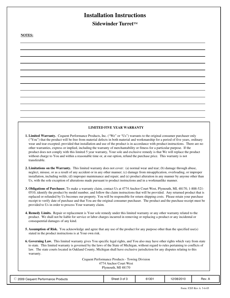 Installation instructions, Sidewinder turret | Reese 61301 SIDEWINDER User Manual | Page 3 / 3