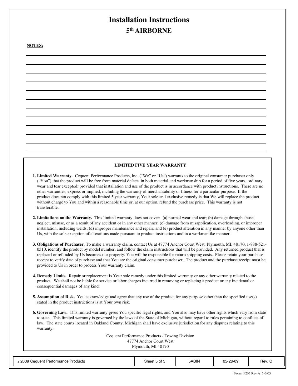 Installation instructions, Airborne | Reese 5AB-E1621-610 5TH AIRBORNE User Manual | Page 5 / 5