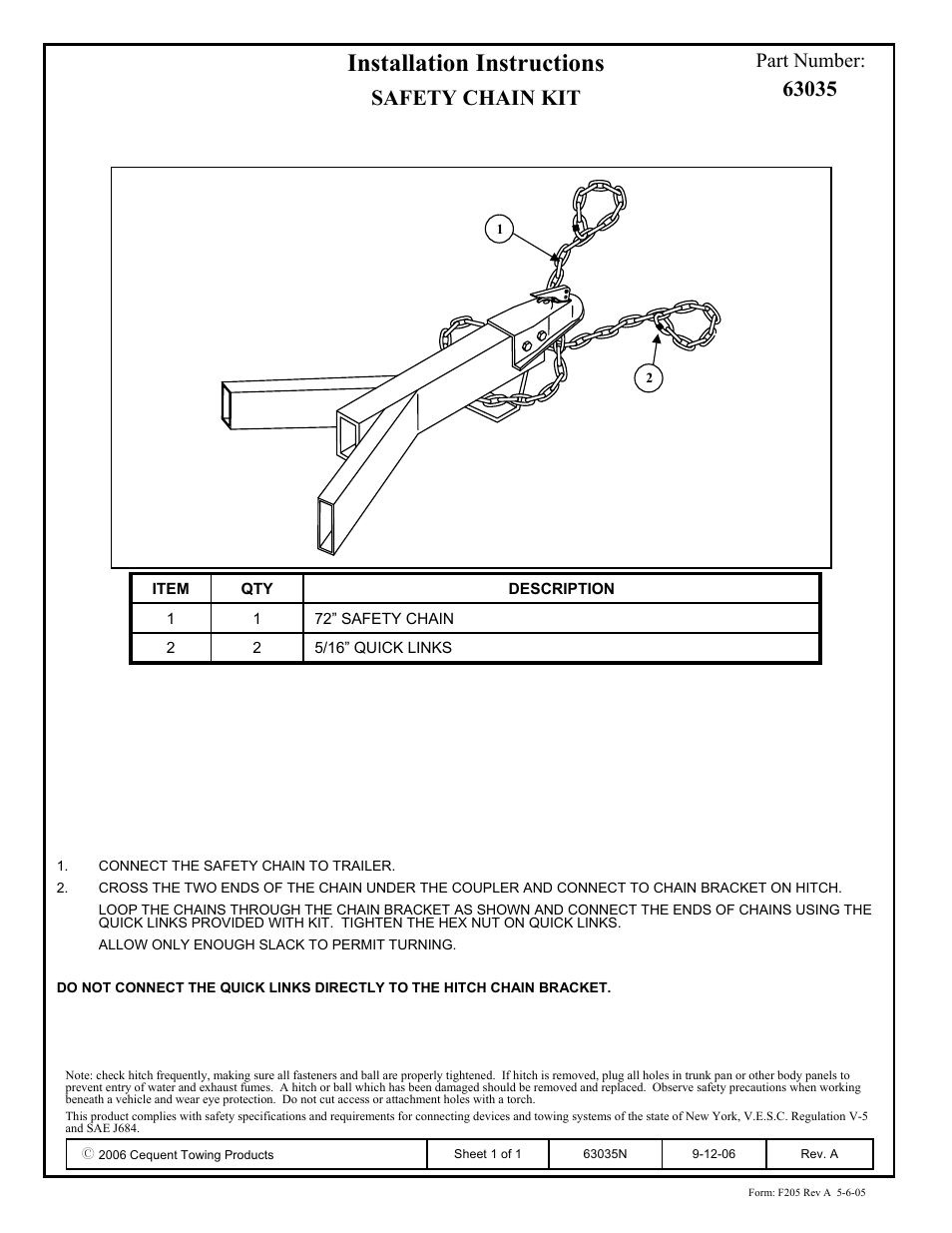 Reese 63035 SAFETY CHAIN KITS User Manual | 1 page