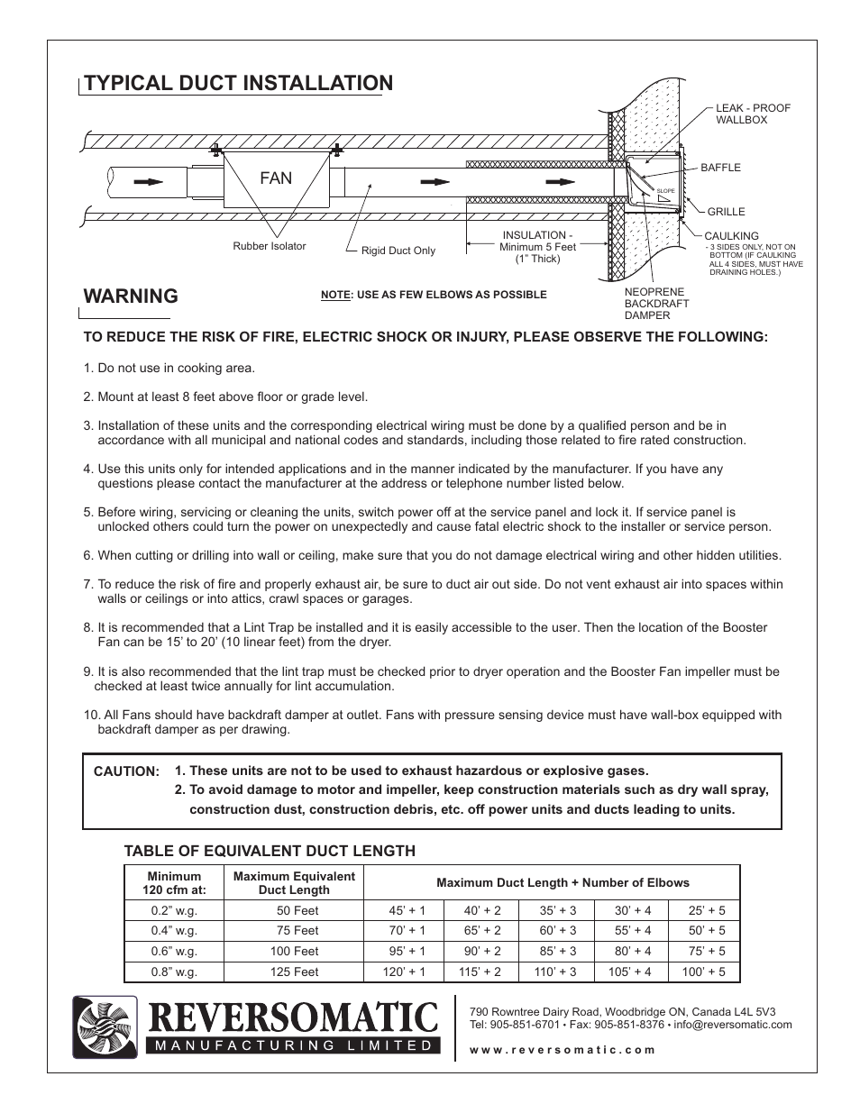 Typical duct installation, Warning, Table of equivalent duct length | Reversomatic TLD 200 1 inlet User Manual | Page 2 / 3