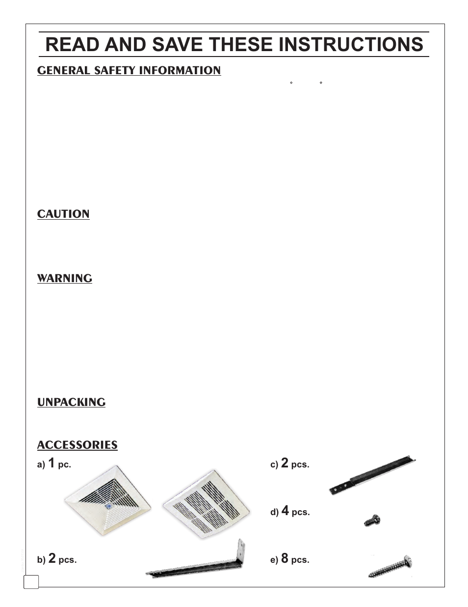 Read and save these instructions, Unpacking, Accessories | General safety information, Caution, Warning | Reversomatic SA-90S_SA-90SM User Manual | Page 2 / 4