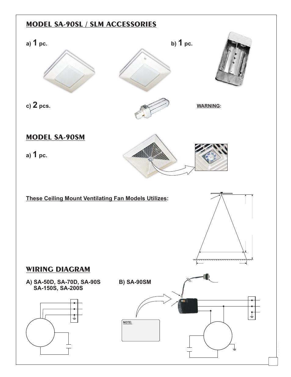 Model sa-90sl / slm accessories, Model sa-90sm, Wiring diagram | Pc. light unit a), Pc. light grille, Pcs. fluorescent bulb, 2 pins, 13w, B) sa-90sm, Motion sensor | Reversomatic SA-90S_SA-90SM User Manual | Page 3 / 4