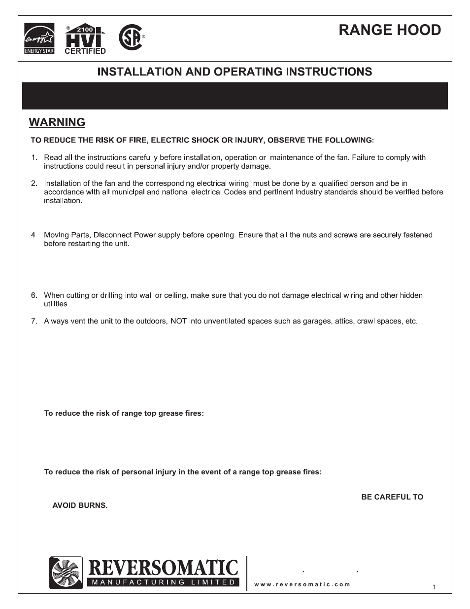 Reversomatic 4000 250ES2 c-w Fresh Air Intake User Manual | 4 pages