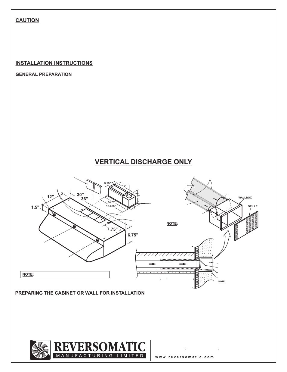 Vertical discharge only, Caution, Installation instructions | Reversomatic 4000 250ES2 c-w Fresh Air Intake User Manual | Page 2 / 4