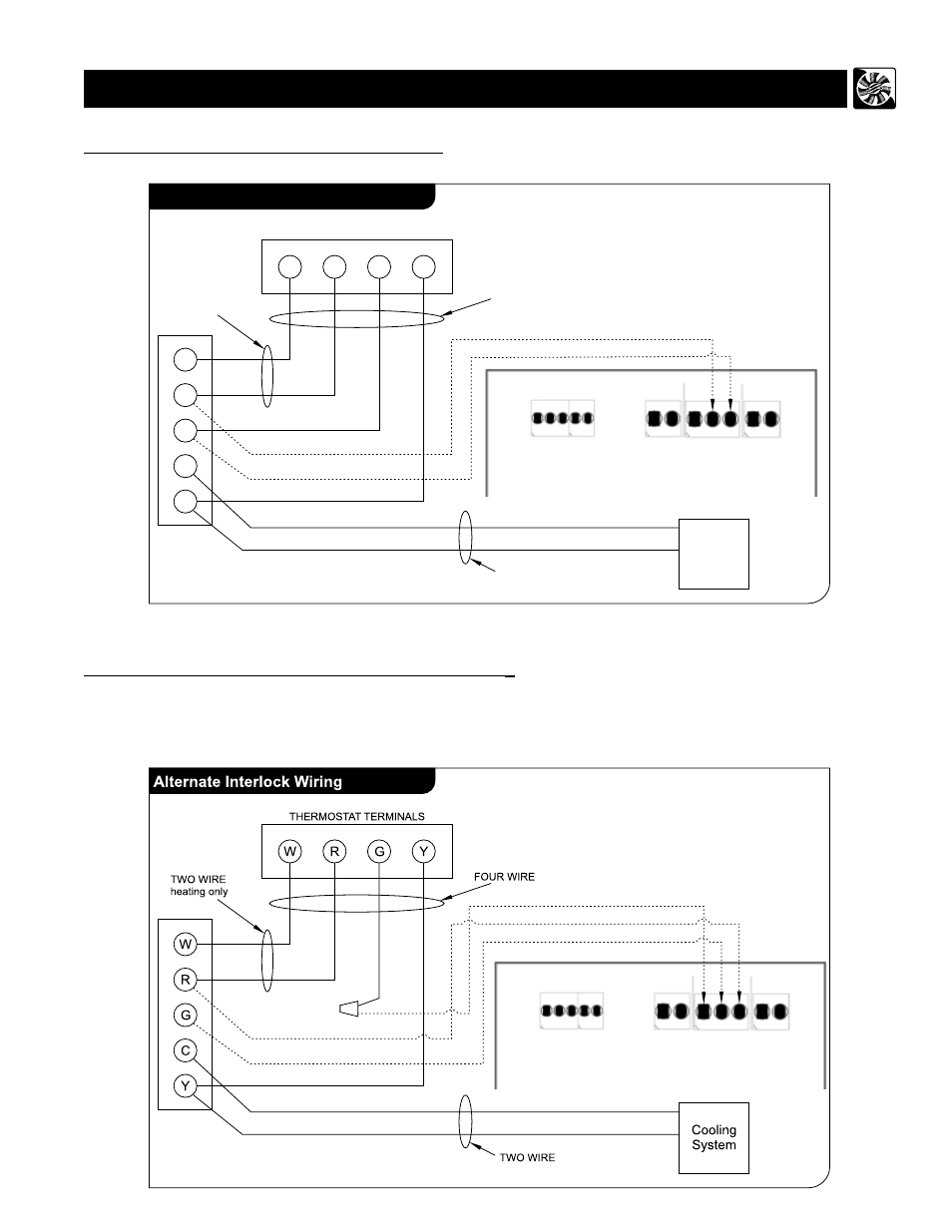 Wiring diagram (cont’d), For a furnace connected to a cooling system, Furnace / fan-coil / heat pump interlock | Standard interlock wiring, Cooling system | Reversomatic Economy Series User Manual | Page 8 / 16