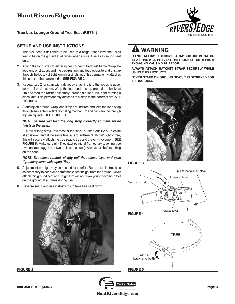 Warning | Rivers Edge RE761 TREE SEAT TREE LAX LOUNGER User Manual | Page 3 / 8