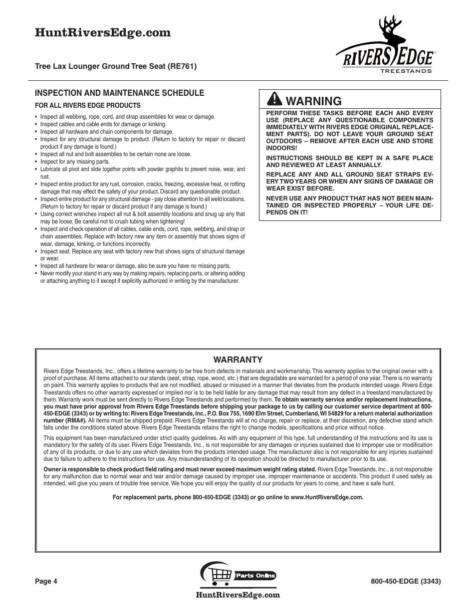 Warning, Inspection and maintenance schedule, Warranty | Rivers Edge RE761 TREE SEAT TREE LAX LOUNGER User Manual | Page 4 / 8
