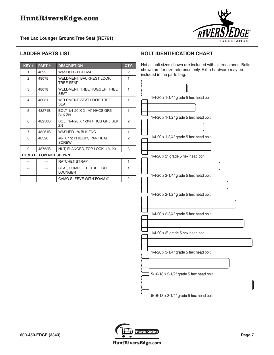 Ladder parts list, Bolt identification chart | Rivers Edge RE761 TREE SEAT TREE LAX LOUNGER User Manual | Page 7 / 8