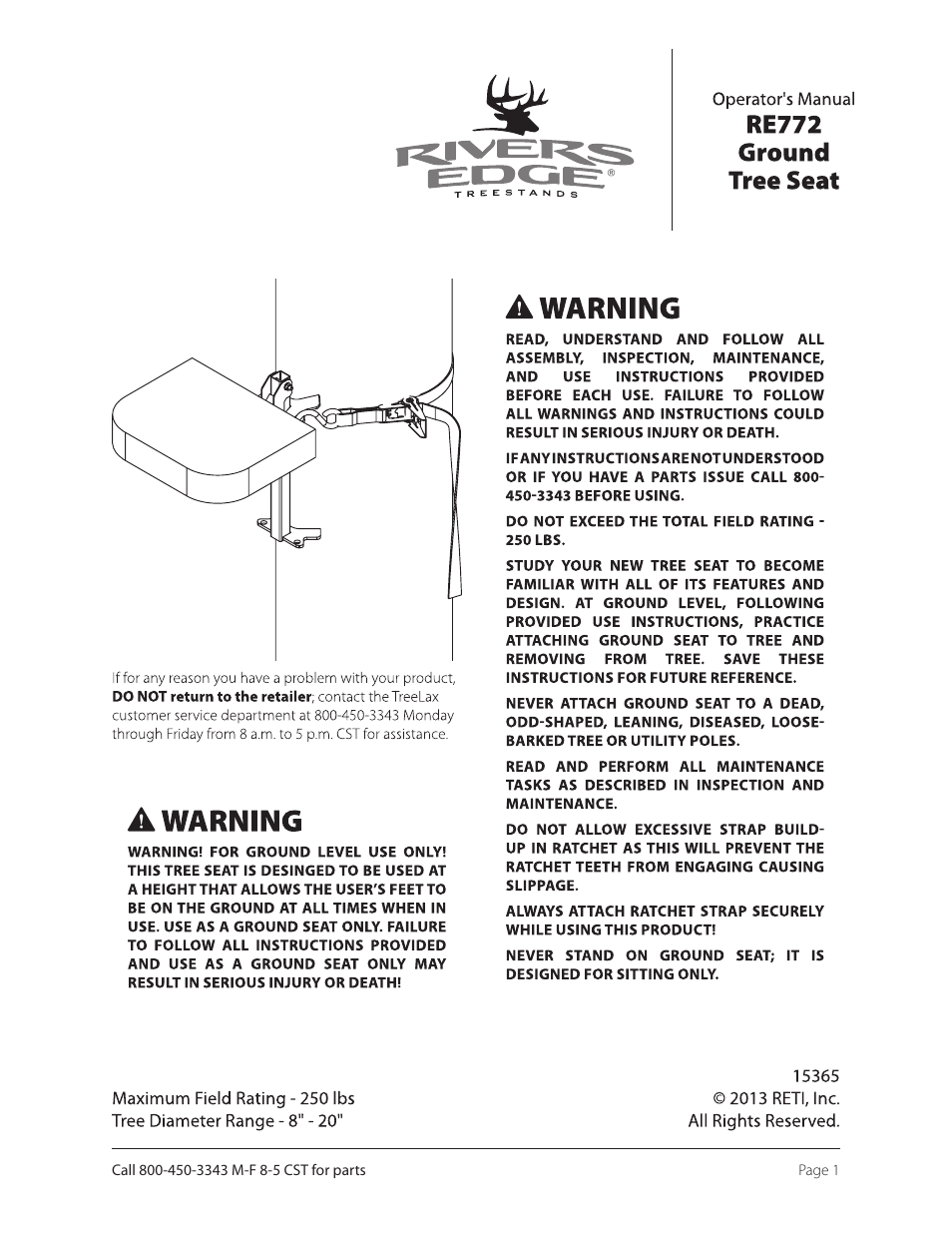 Rivers Edge RE772 STANDARD TREE SEAT User Manual | 4 pages
