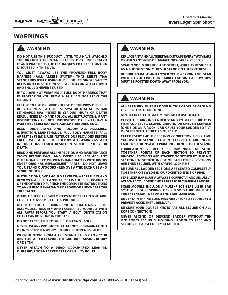 Warnings, Warning | Rivers Edge RE637 Spin Shot User Manual | Page 3 / 16